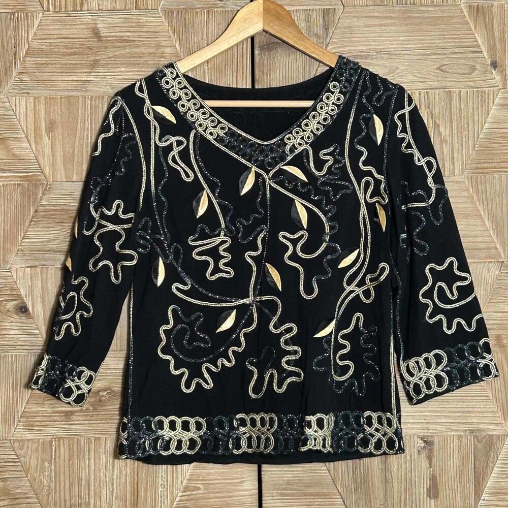 Lauren Michelle Vtg Black 3/4 Sleeve Knit Top Gold Embroidery Small Old Money